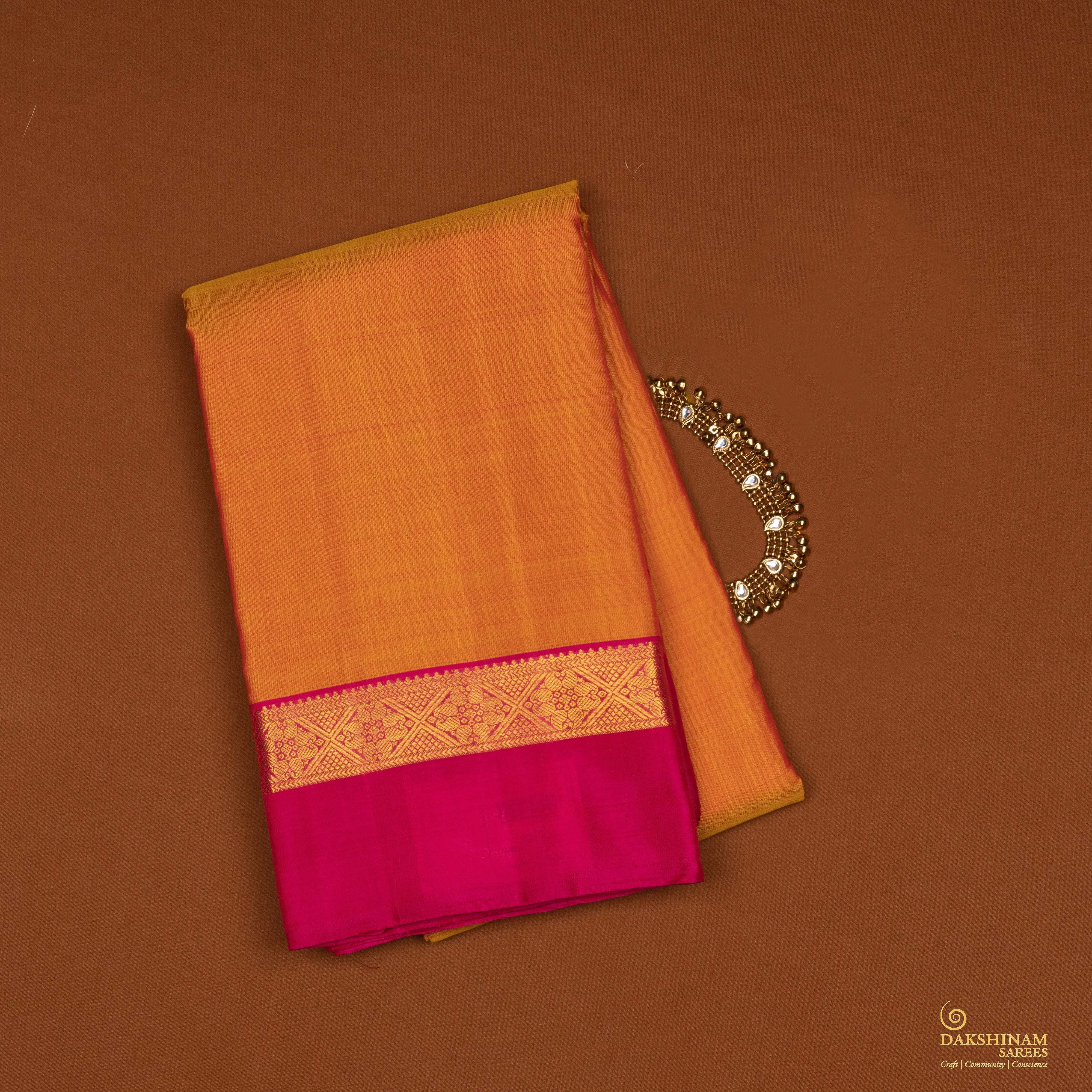 Handwoven Orange with Pink Kanjivaram Silk Saree - 2071T009620DSC