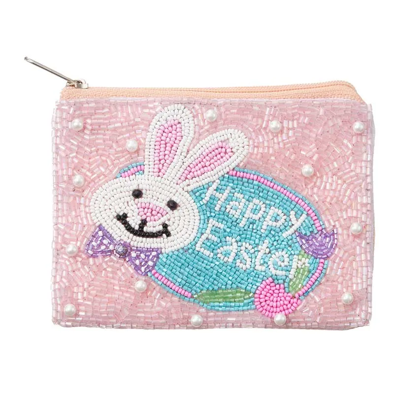 HAPPY EASTER Message Easter Bunny Seed Beaded Mini Pouch Bag