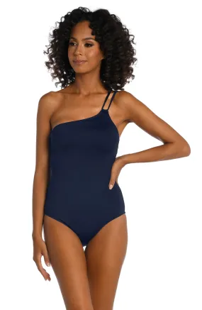 Island Goddess Lace Back One Shoulder One Piece - Indigo