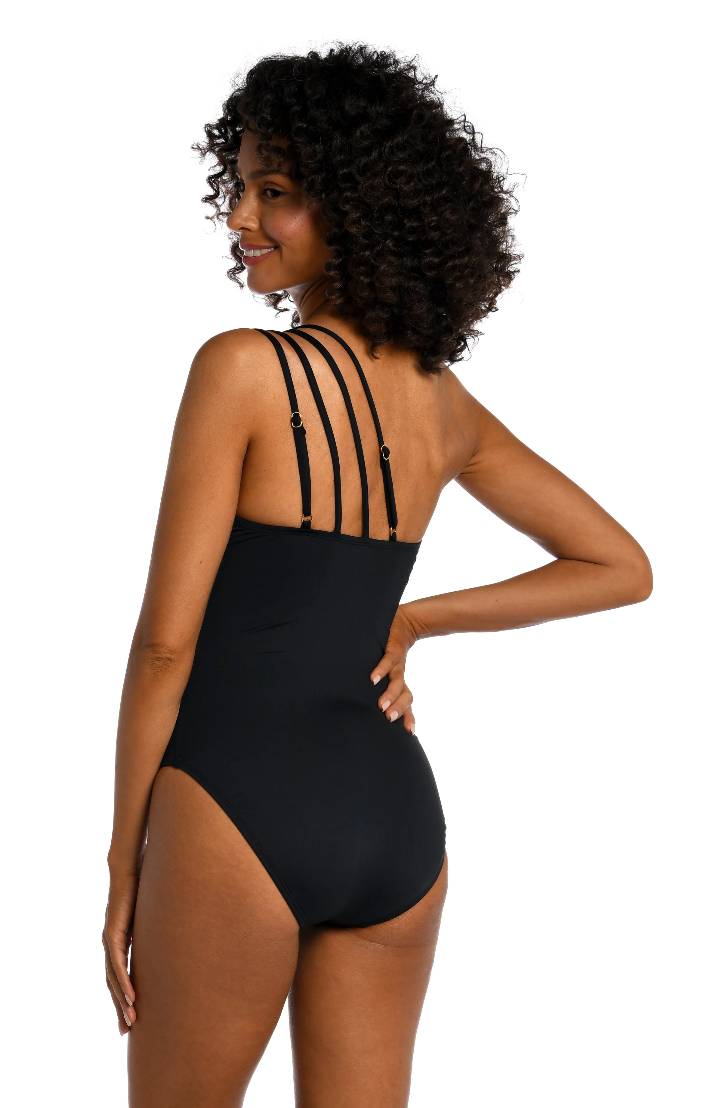 Island Goddess Strappy One Shoulder One Piece - Black