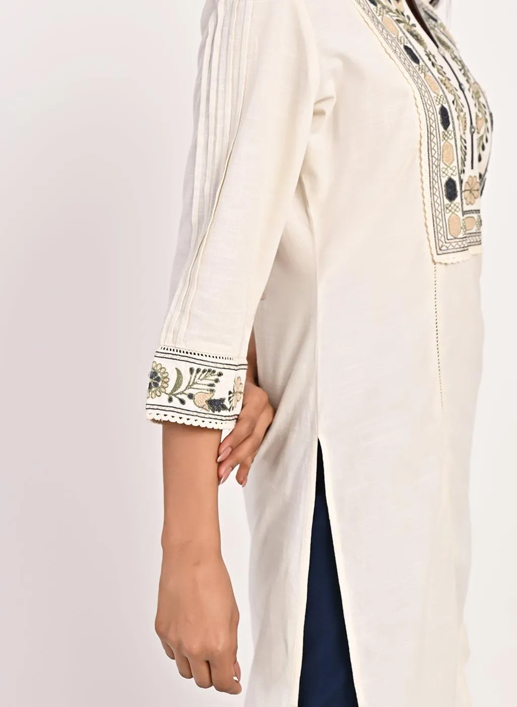 Ivory Embroidered Band Collar Tunic with Front Yoke Embroidery