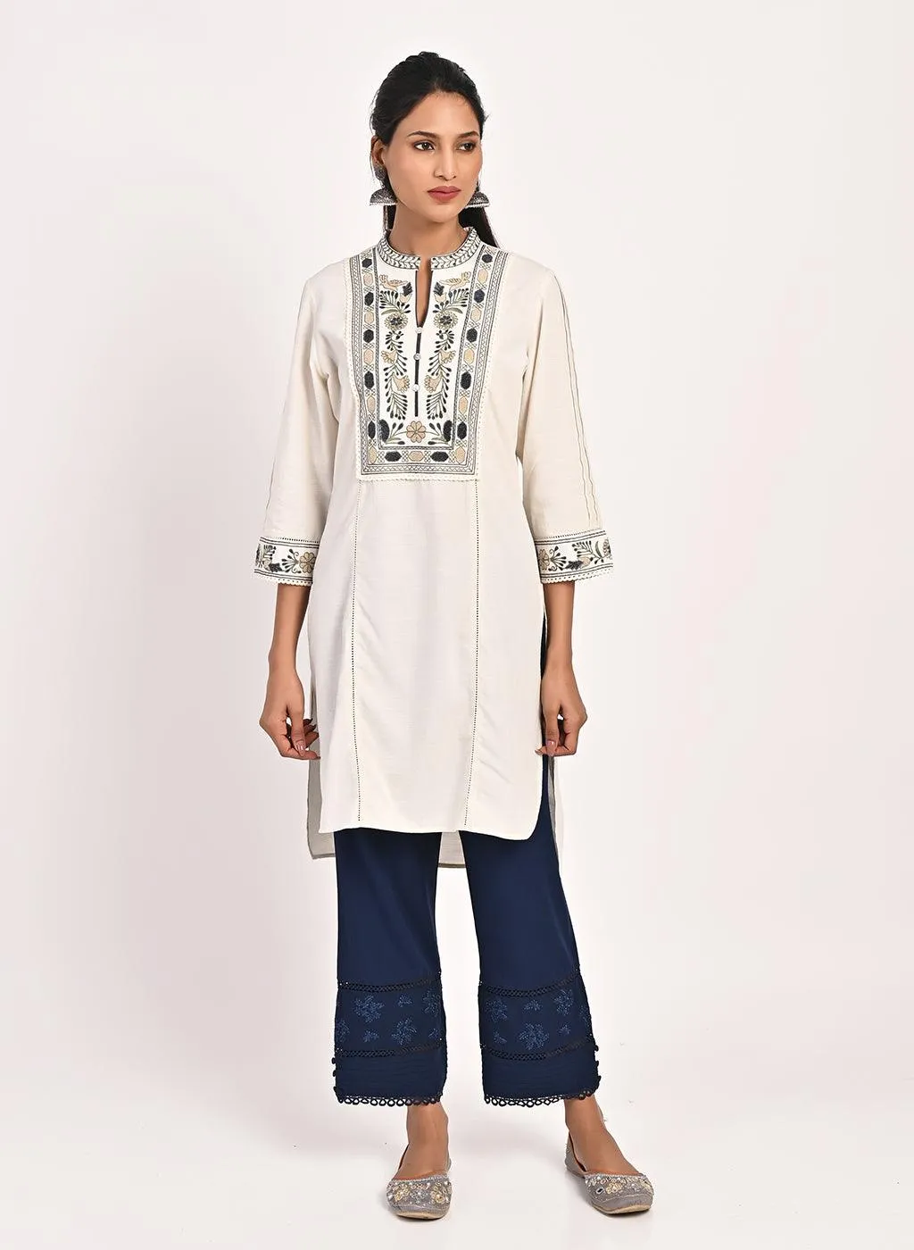 Ivory Embroidered Band Collar Tunic with Front Yoke Embroidery