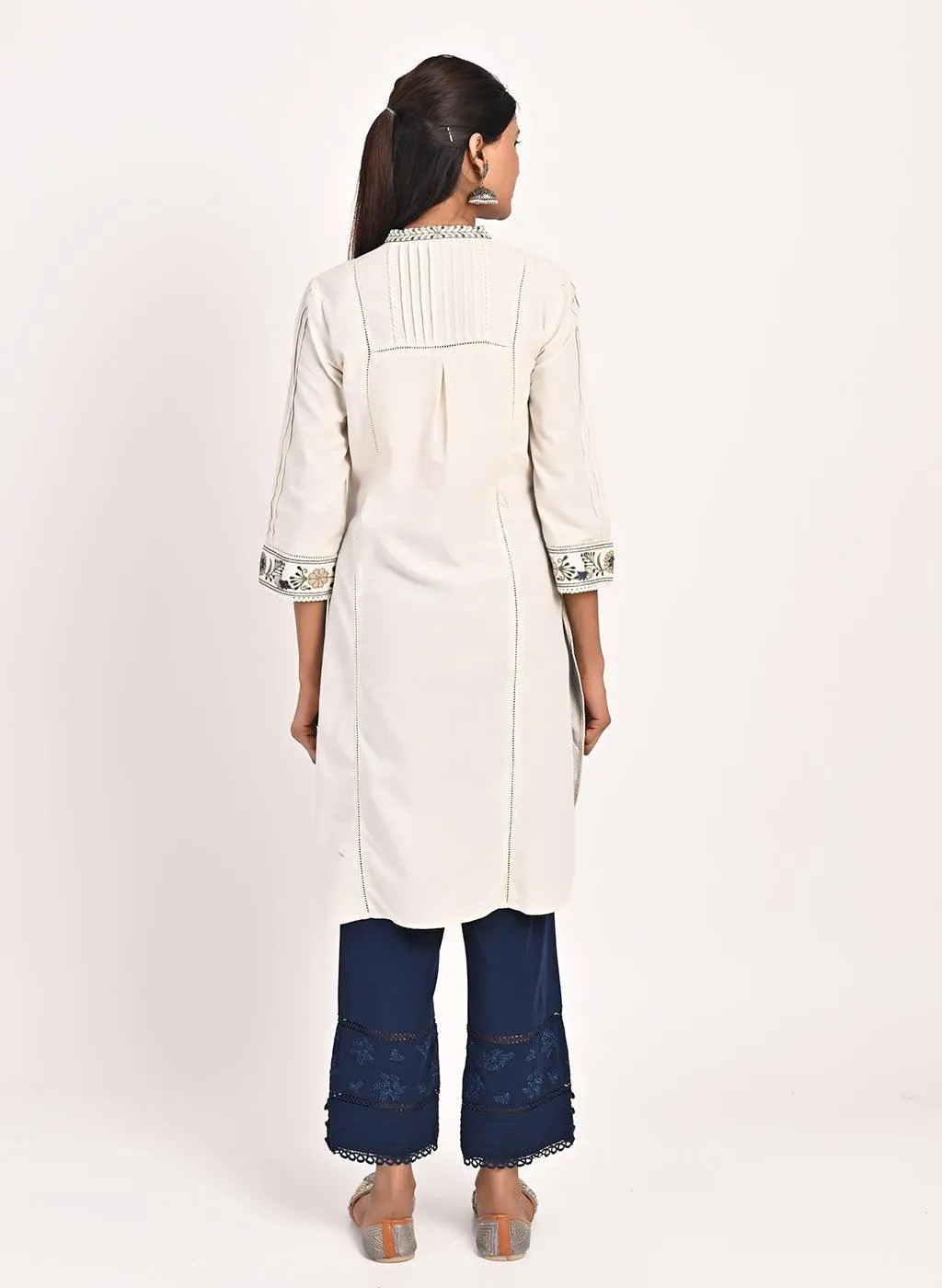 Ivory Embroidered Band Collar Tunic with Front Yoke Embroidery