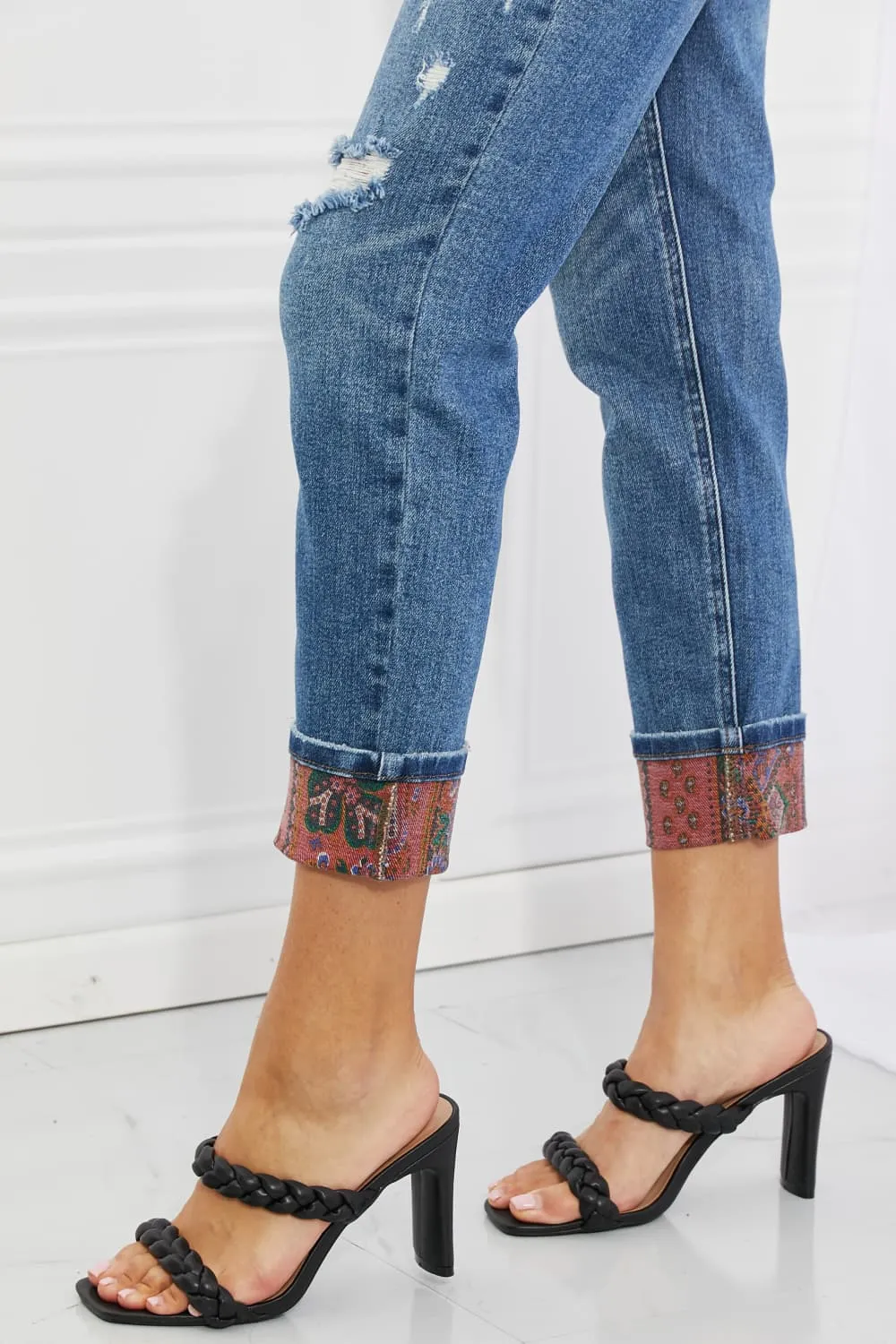 Judy Blue Gina Full Size Mid Rise Paisley Patch Cuff Boyfriend Jeans