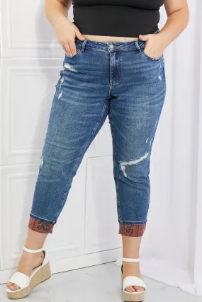 Judy Blue Gina Full Size Mid Rise Paisley Patch Cuff Boyfriend Jeans