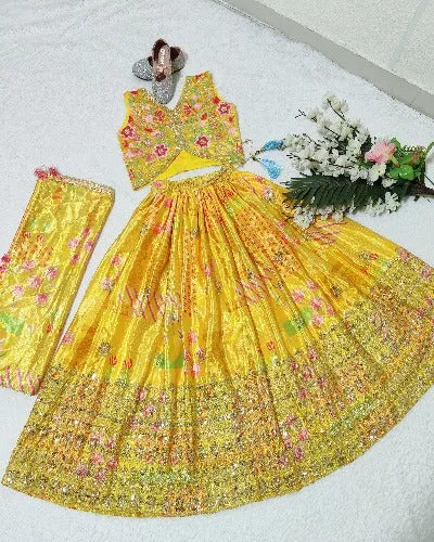 Kids Yellow Chinon Silk Digital Print Lehenga Choli Set