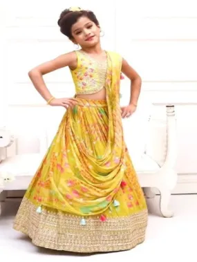 Kids Yellow Chinon Silk Digital Print Lehenga Choli Set