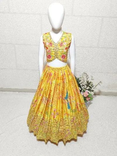 Kids Yellow Chinon Silk Digital Print Lehenga Choli Set