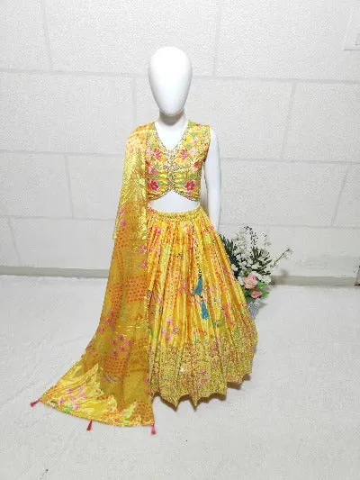 Kids Yellow Chinon Silk Digital Print Lehenga Choli Set