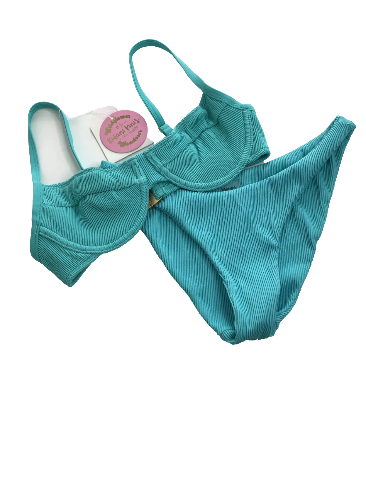 Kulani Kinis Blue Underwired Ditzy Top And Bottoms In Aqua Ribbed UK S