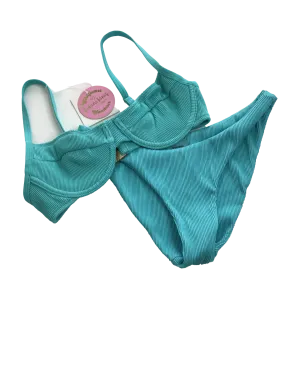 Kulani Kinis Blue Underwired Ditzy Top And Bottoms In Aqua Ribbed UK S