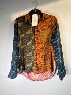 L111 Medium Assorted Upcycled Patchwork Sari Silk Button Up