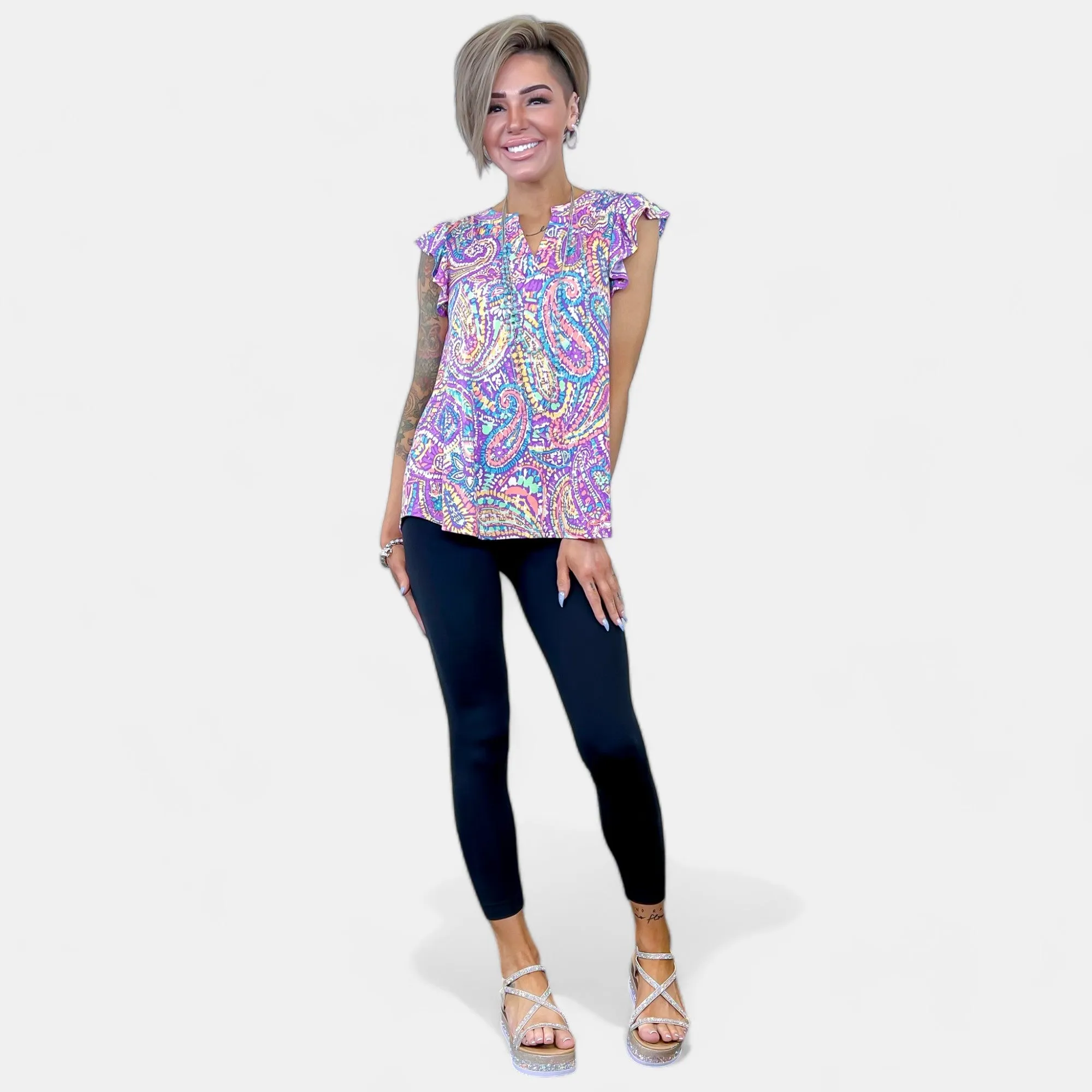 Lavender Multi Paisley Lizzy Flutter Sleeve Top [NO RETURNS]