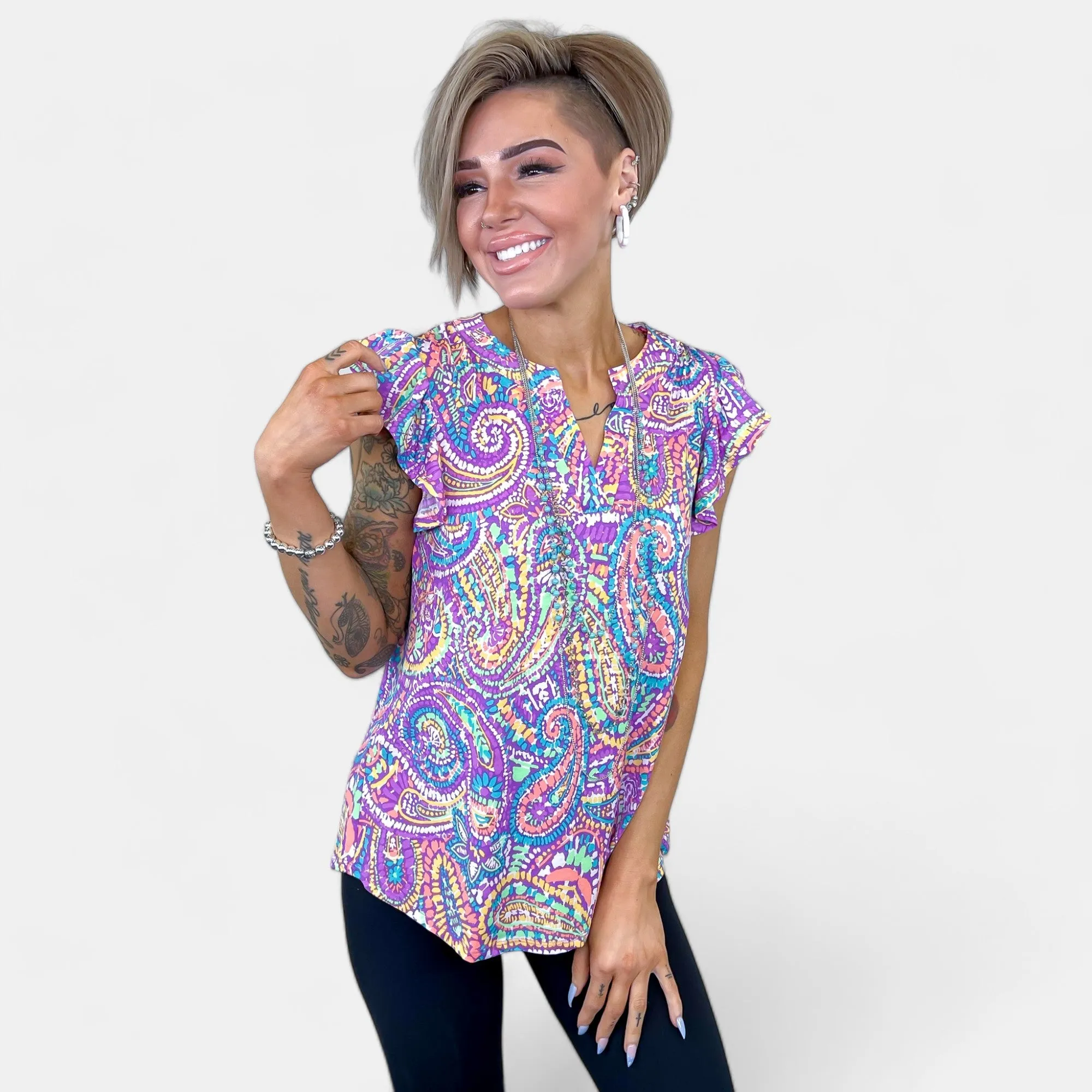 Lavender Multi Paisley Lizzy Flutter Sleeve Top [NO RETURNS]