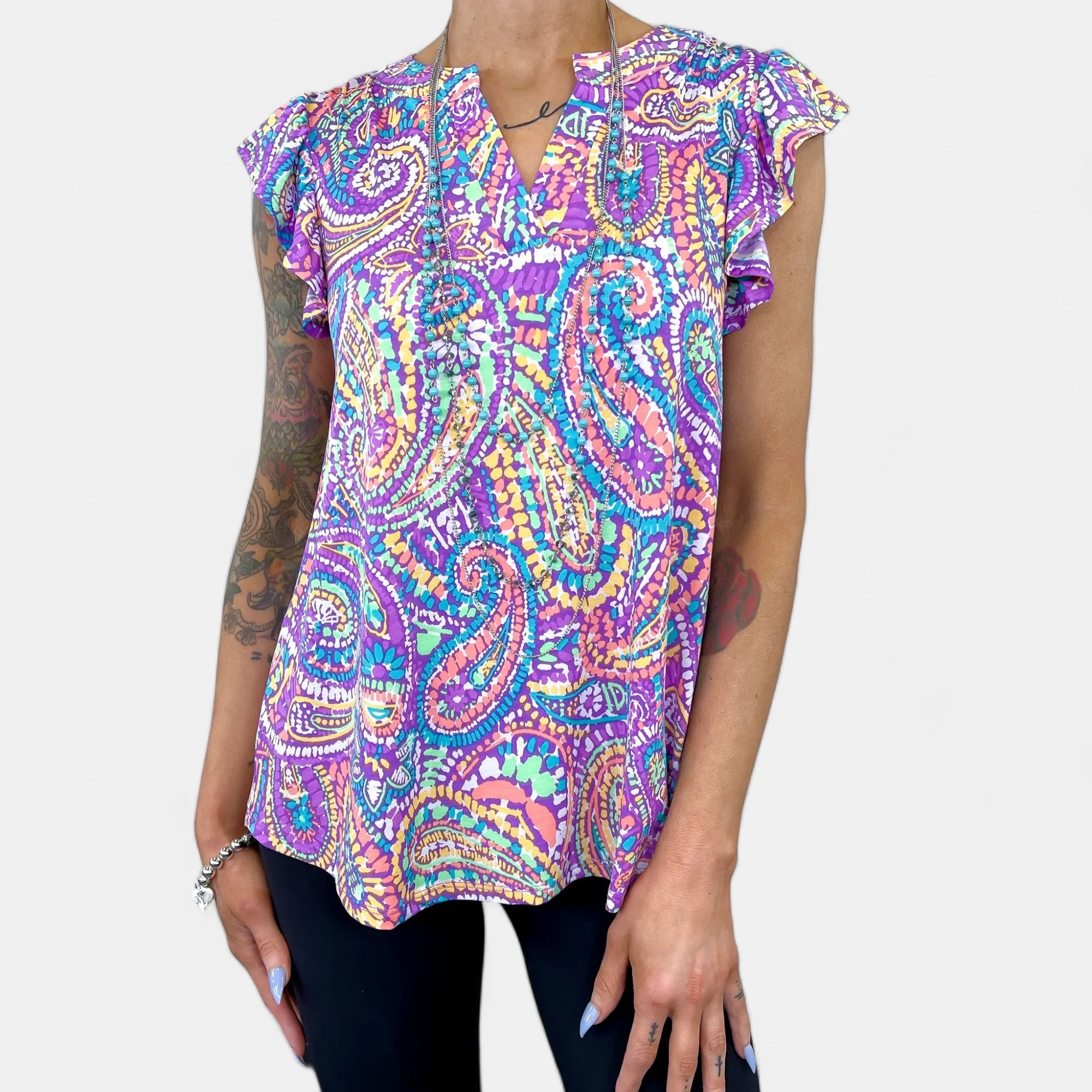 Lavender Multi Paisley Lizzy Flutter Sleeve Top [NO RETURNS]