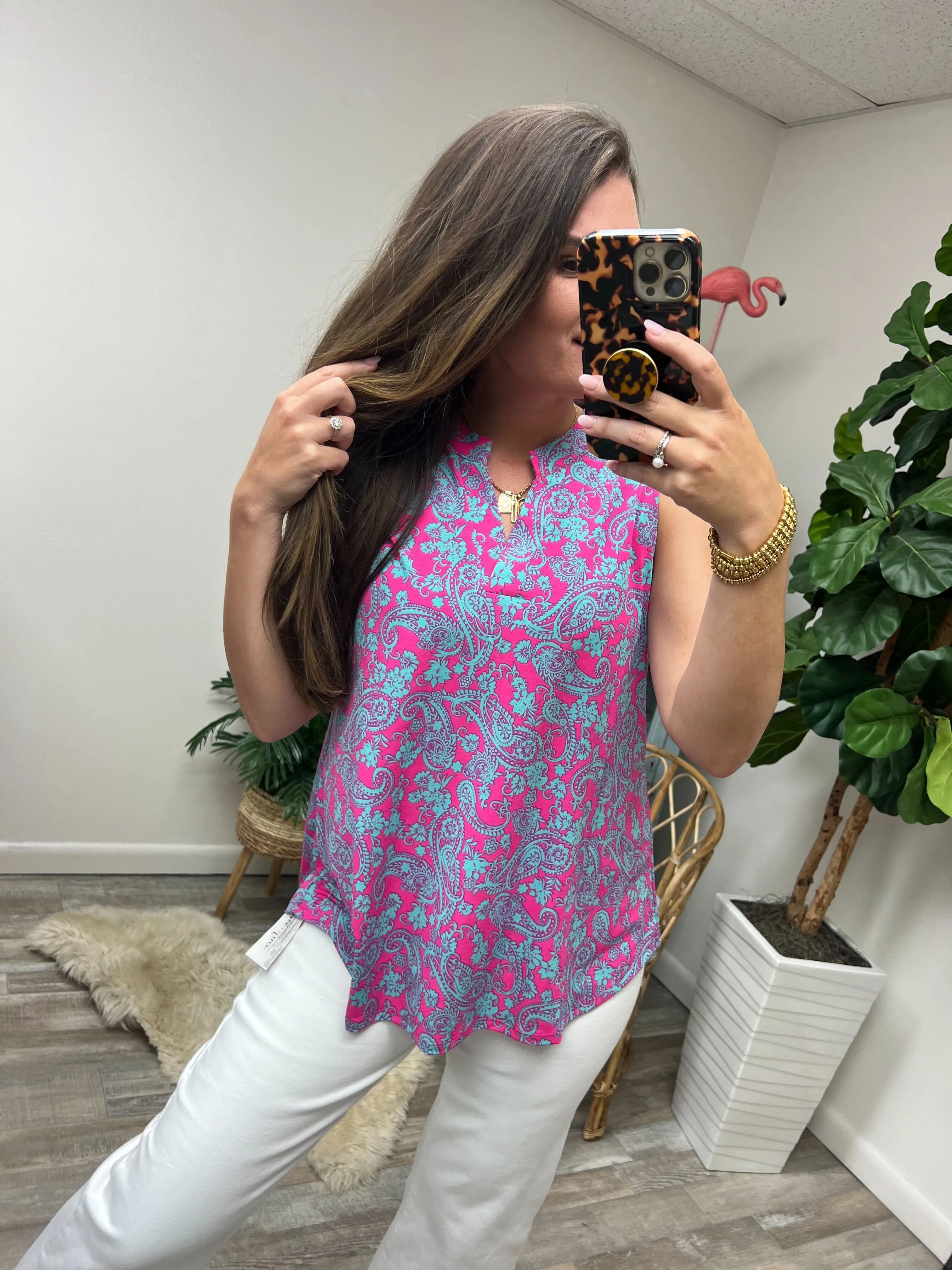 Lizzy Tank Top in Pink and Mint Paisley - 4/26