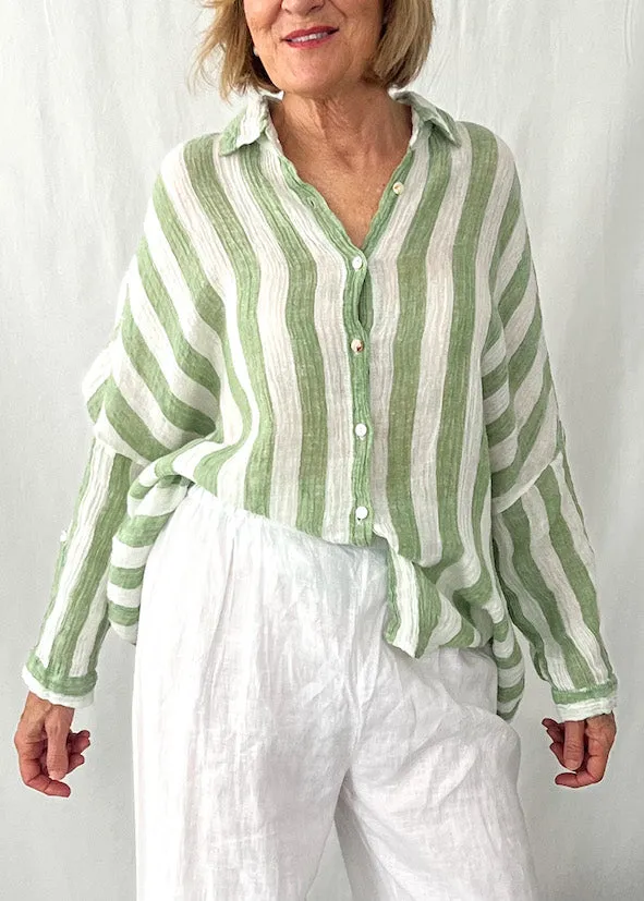 Lucy Linen Blouse - Mint Stripe