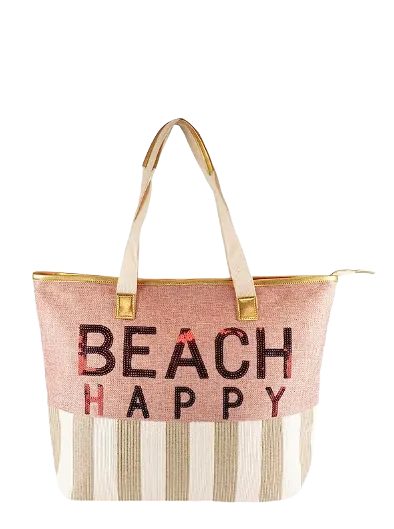 Luna Cove Nude "beach Happy" Sequin Embellished Large Zipped Tote Bag