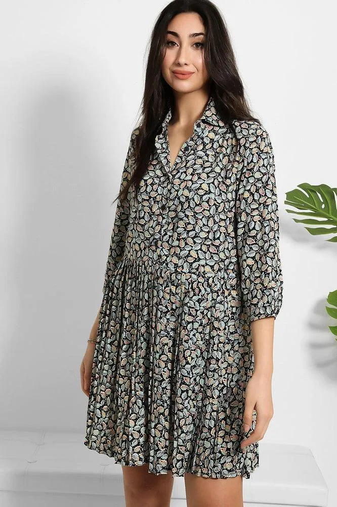 Lurex Leaves Print Pleated Midi Dress