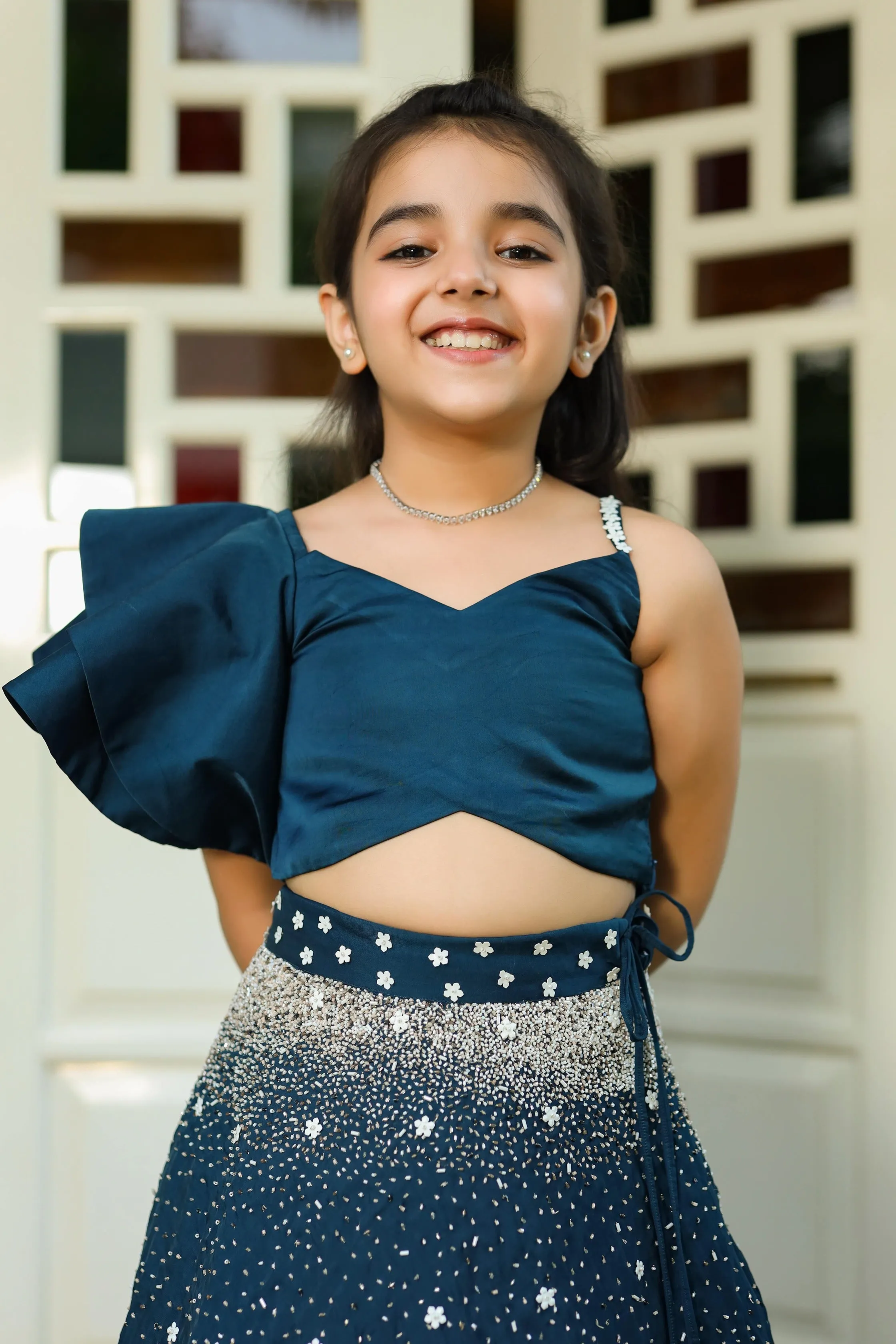 Mahtab- Embroidered German Satin Skirt & Ruffled Top Set For Girls