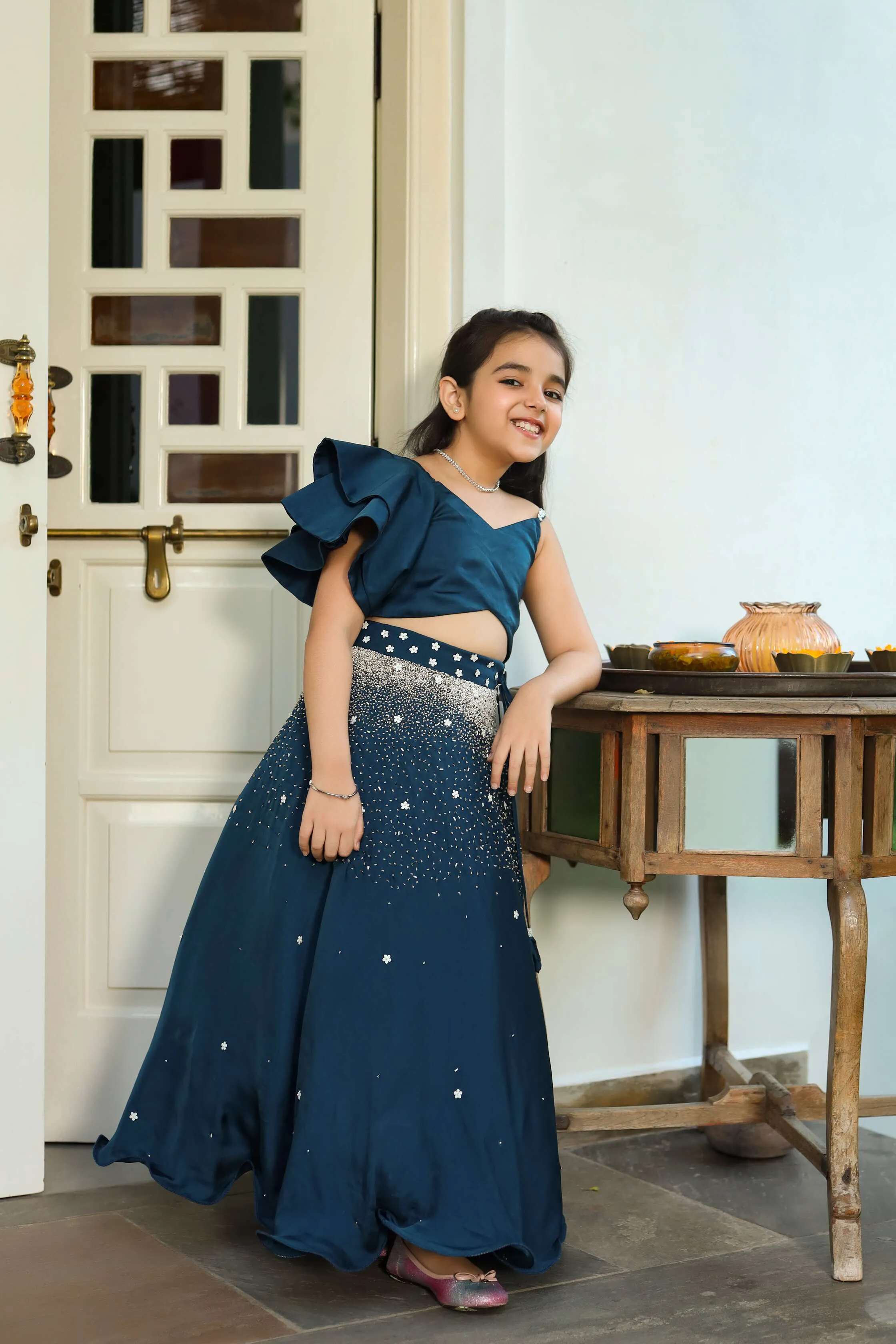 Mahtab- Embroidered German Satin Skirt & Ruffled Top Set For Girls