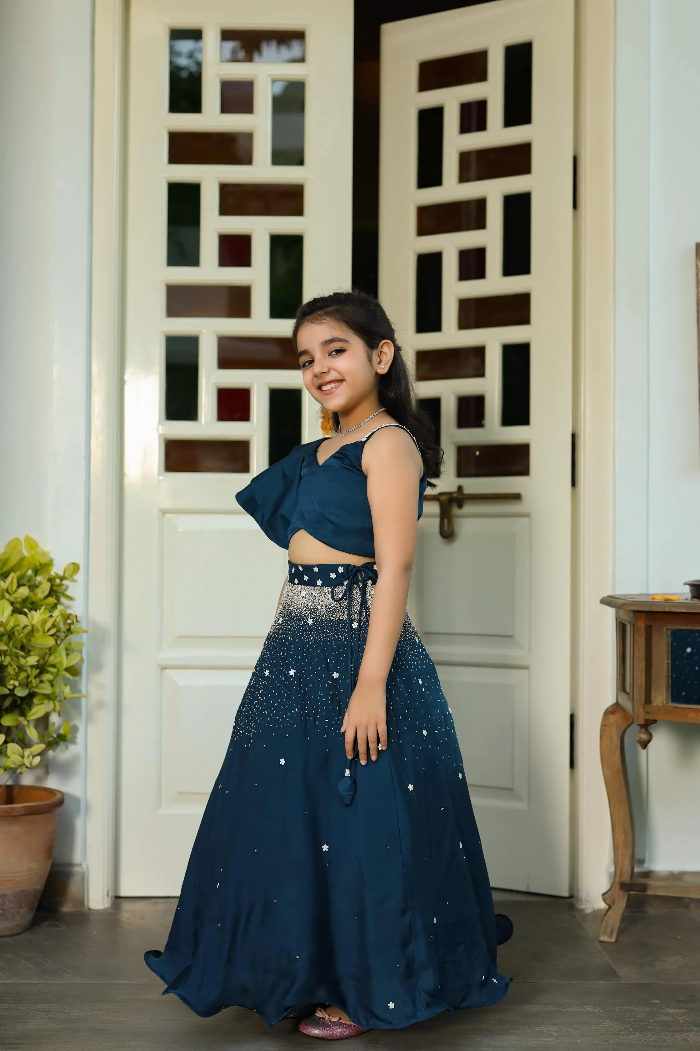 Mahtab- Embroidered German Satin Skirt & Ruffled Top Set For Girls