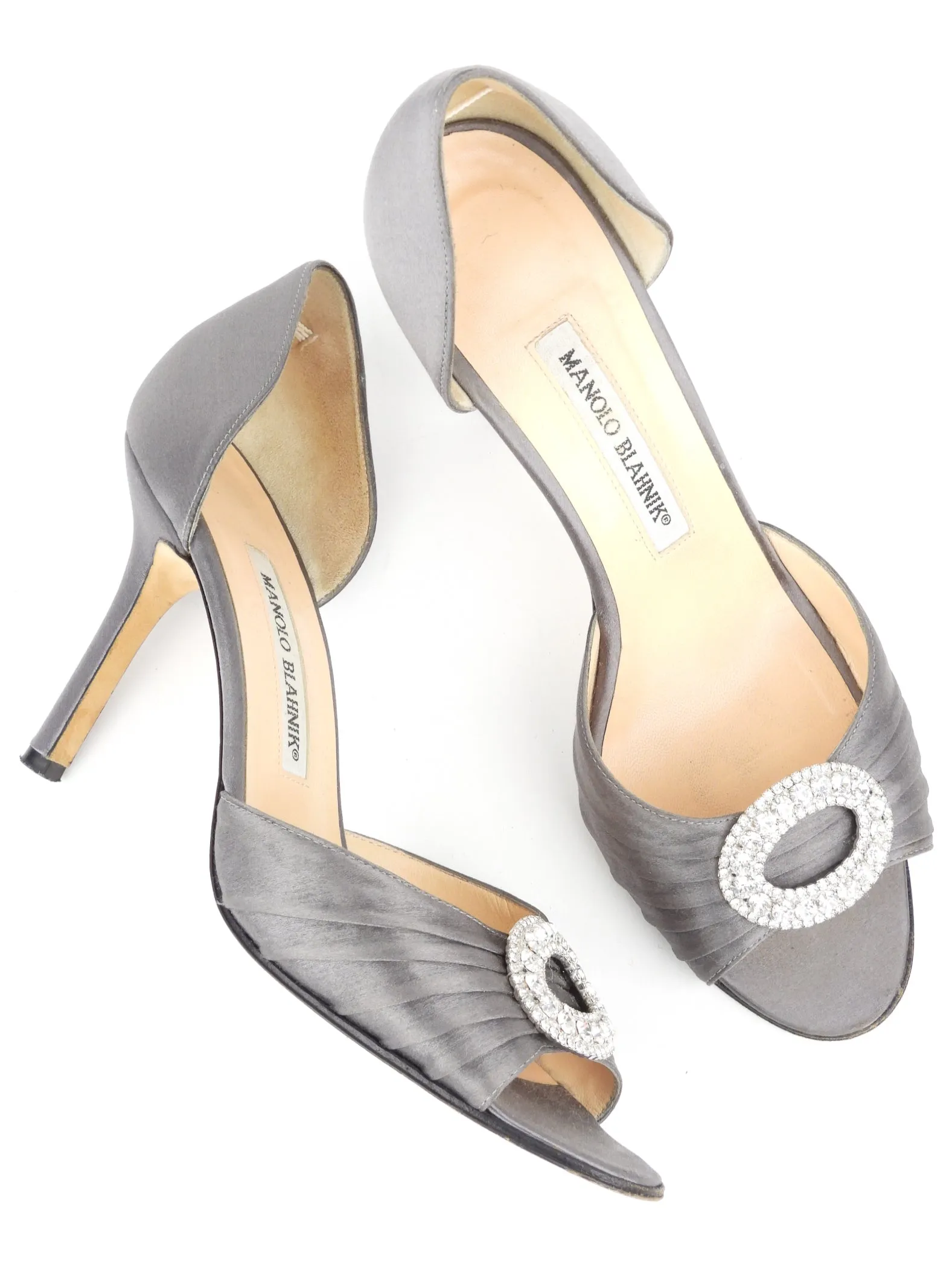 Manolo Blahnik Grey Satin Sedaraby Crystal Embellished Peep Toe D'orsay Pumps - 38 IT