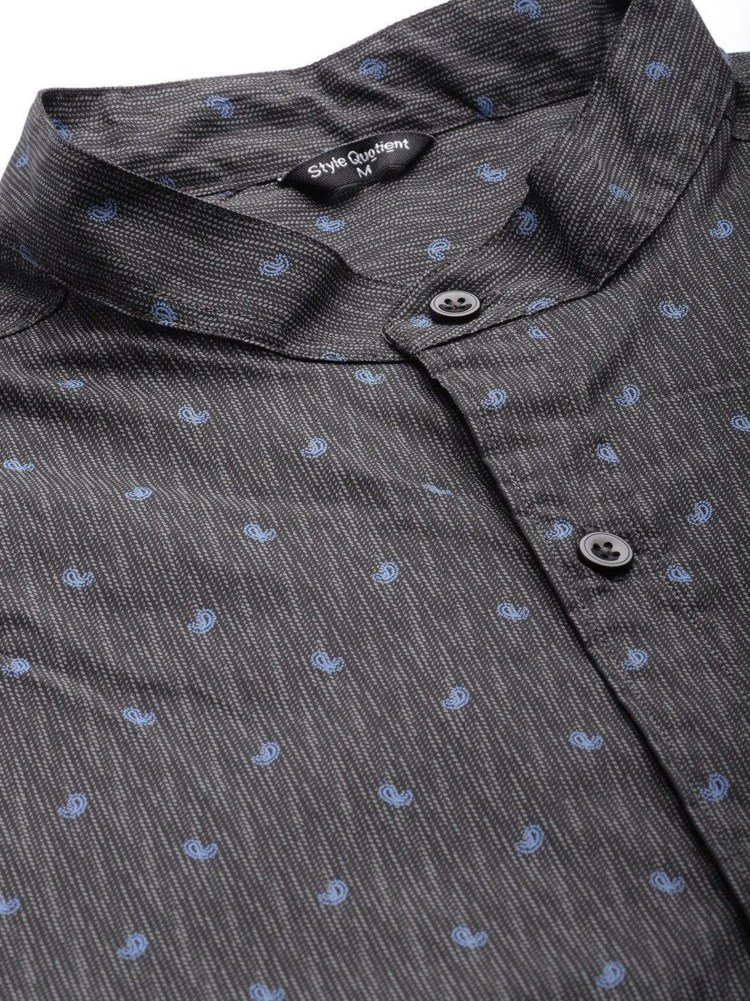 Men Charcoal Grey & Blue Paisley Print Smart Shirt