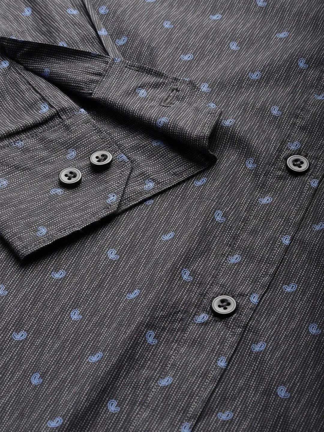 Men Charcoal Grey & Blue Paisley Print Smart Shirt