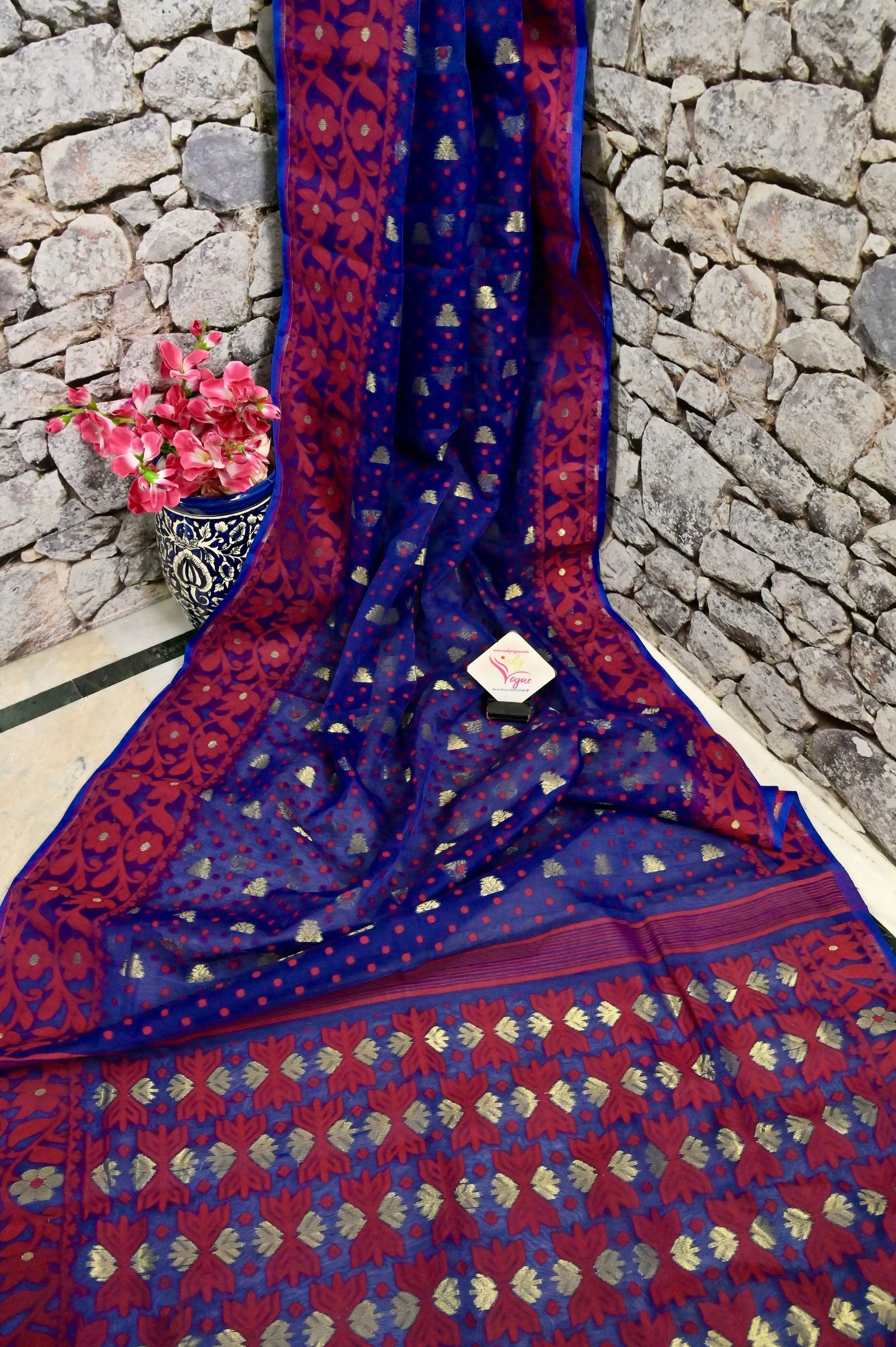 Navy Blue and Magenta Color Jamdani Saree