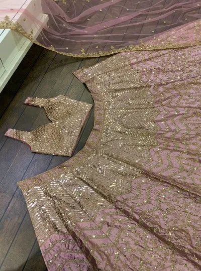 Nude Pastel Pink Designer Satin Silk Sequenced Lehenga Choli Set