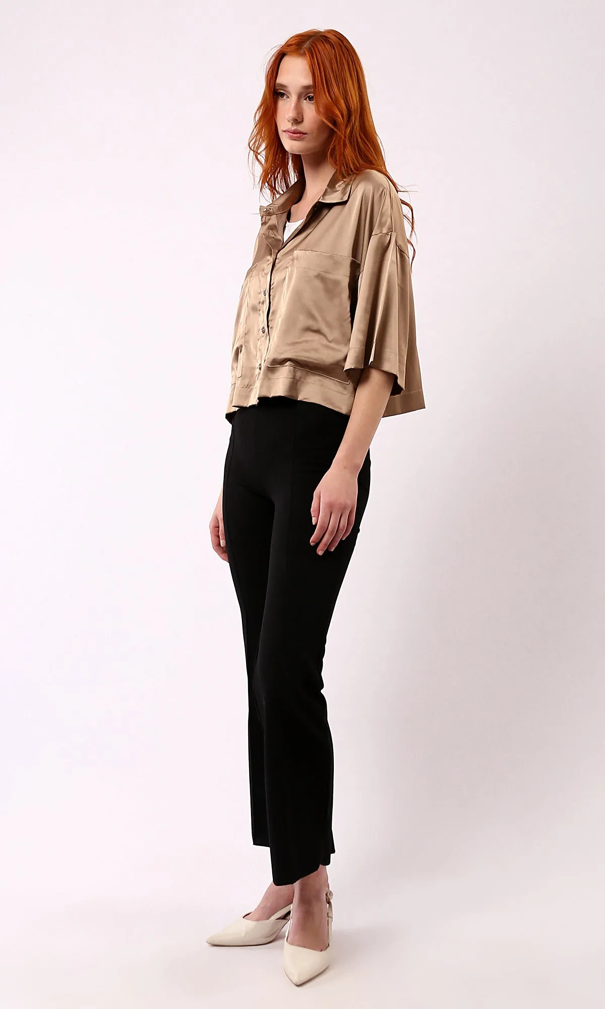 O182044 Dark Gold Shiny Evening Shirt With Front Pockets