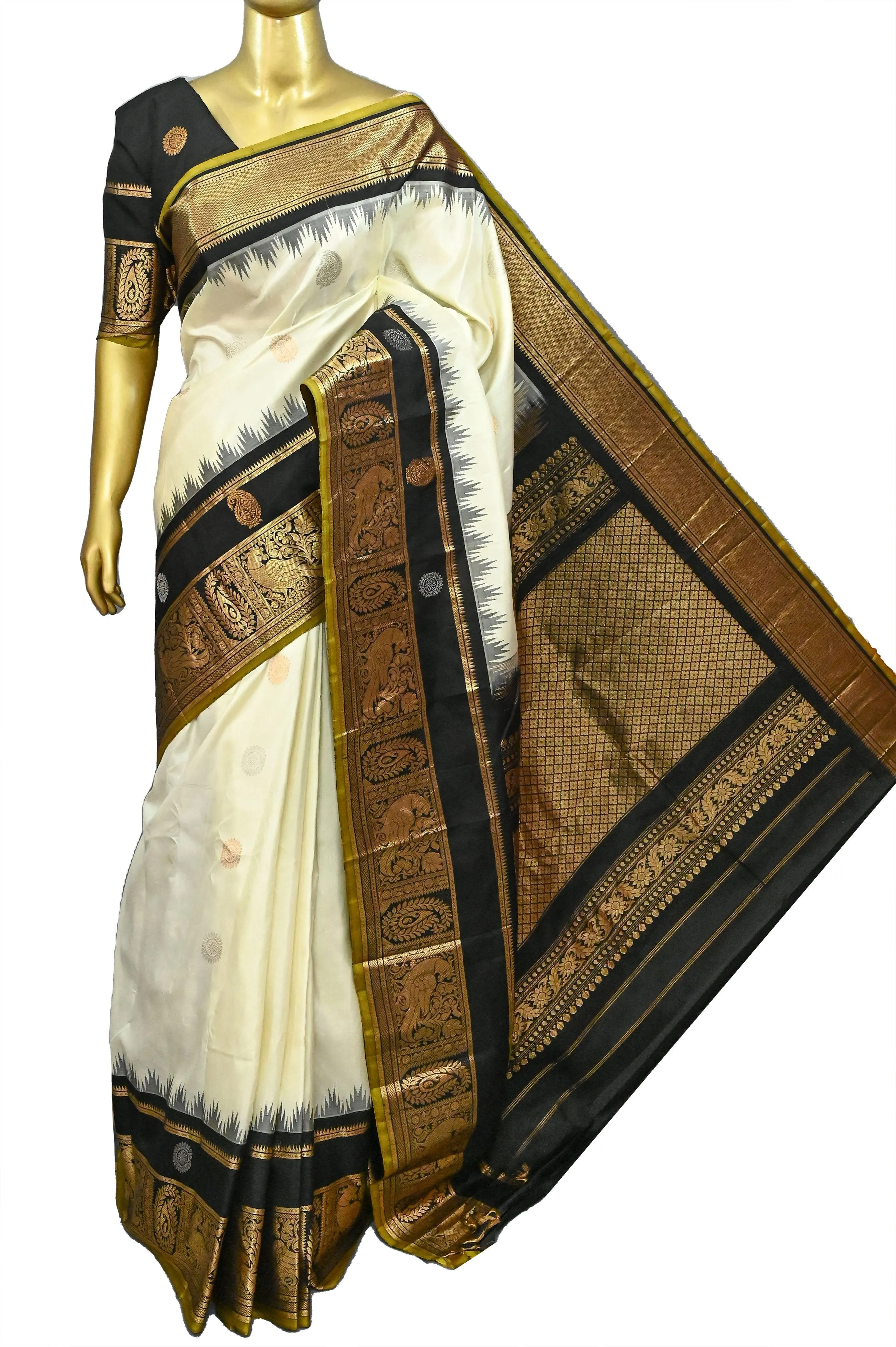 Offwhite and Black Color Pure Gadwal Silk Saree with Temple Border and Golden and Silver Zari Work