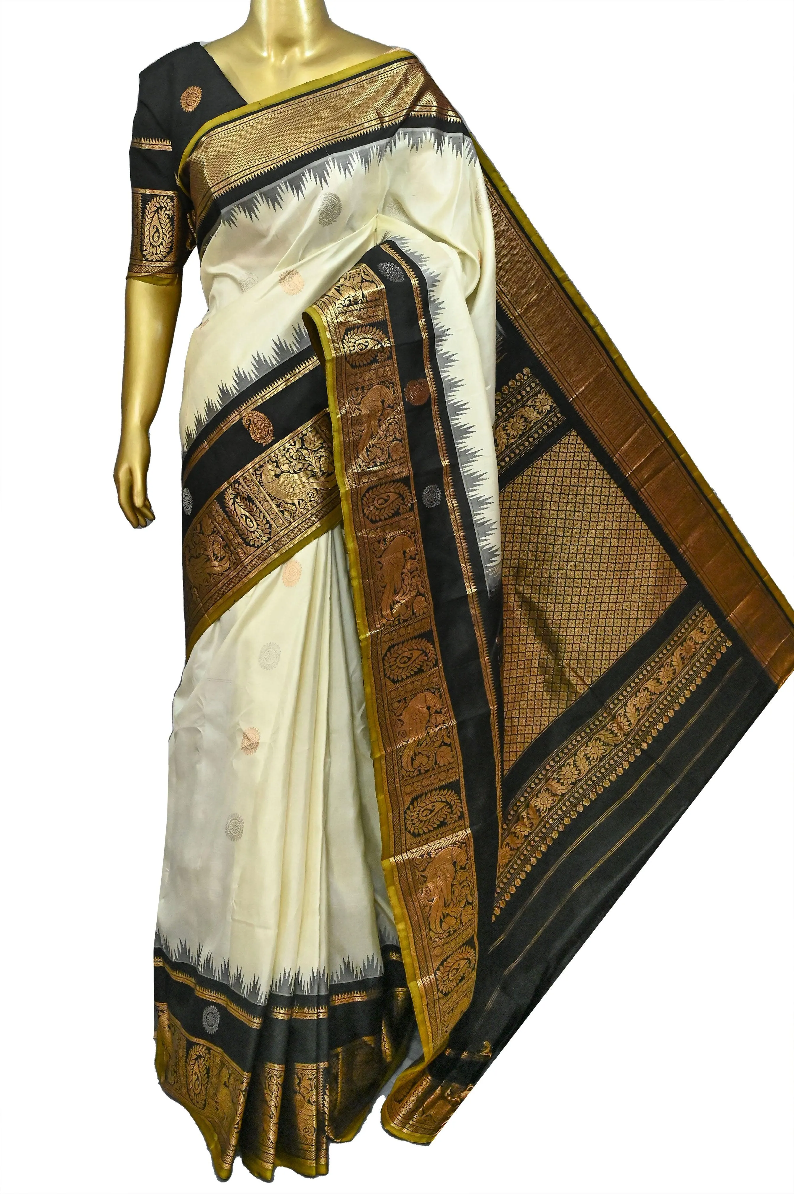 Offwhite and Black Color Pure Gadwal Silk Saree with Temple Border and Golden and Silver Zari Work