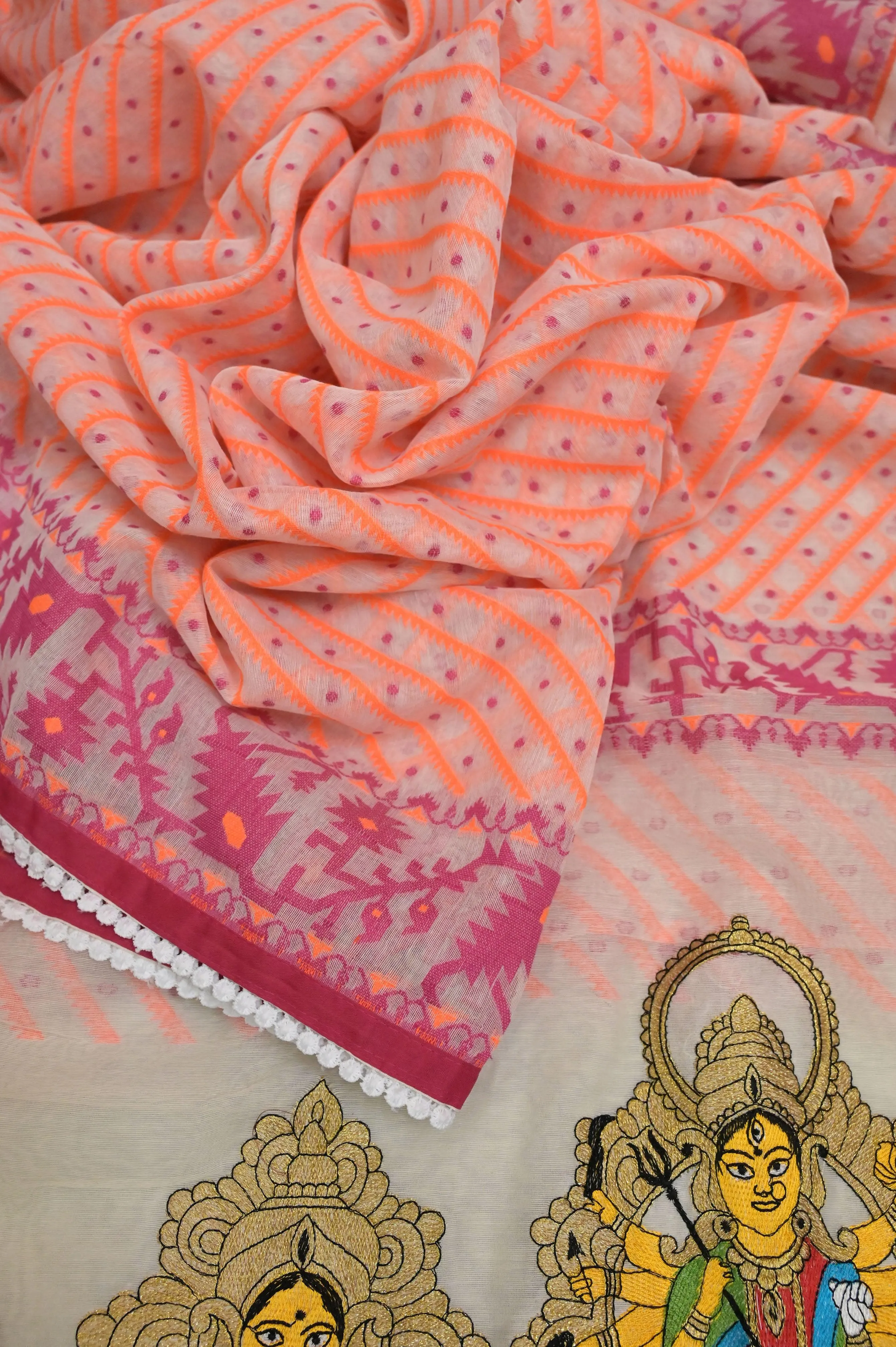 Offwhite and Pink Orange Color Durga Jamdani Saree with Embroidery and Lace Border