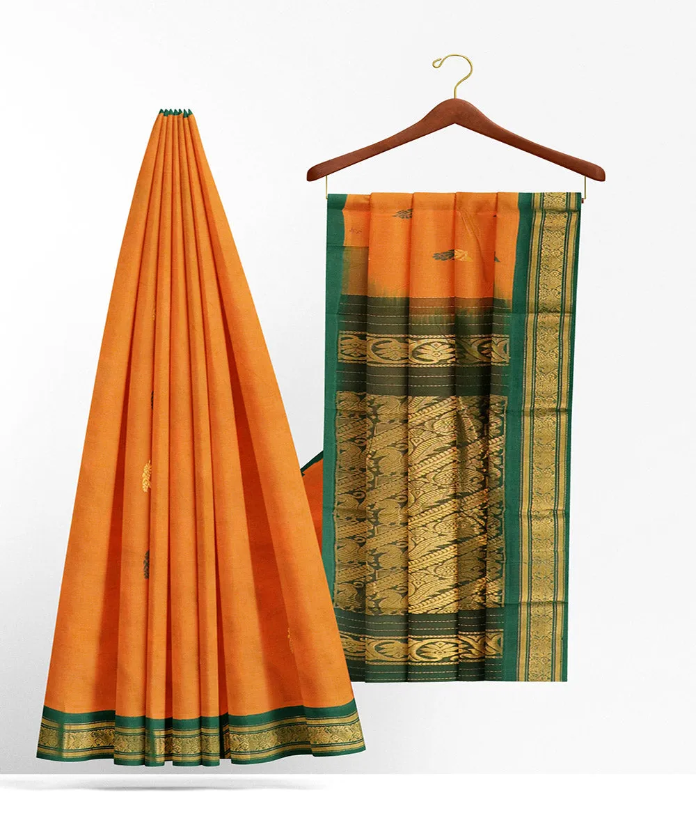 Orange green plain butta handwoven rajahmundry cotton saree