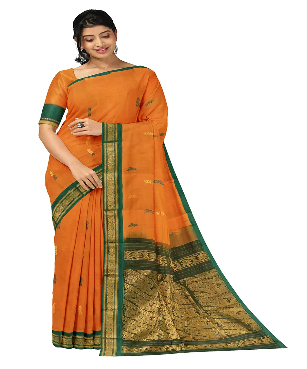 Orange green plain butta handwoven rajahmundry cotton saree