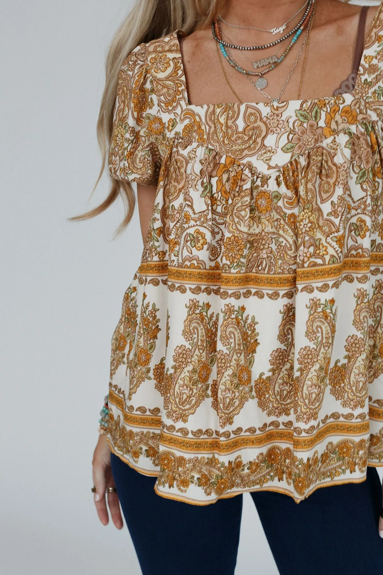 Paisley Rays Puff Sleeve Top - Cream Multi