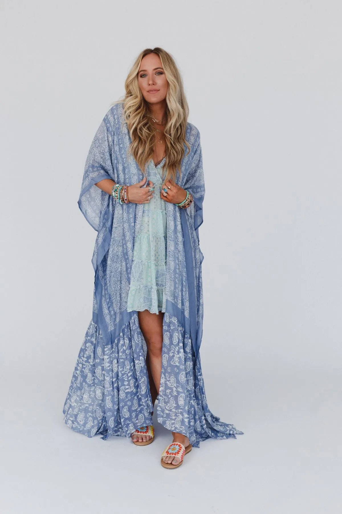 Paisley Tapestry Free Flow Duster Kimono - Chambray