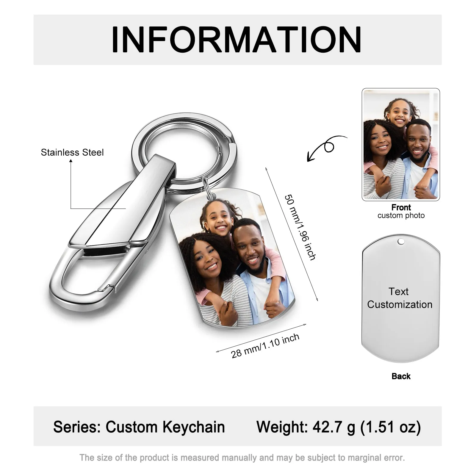 Personalized Photo and Custom Message Silver Keychain Heavy Duty