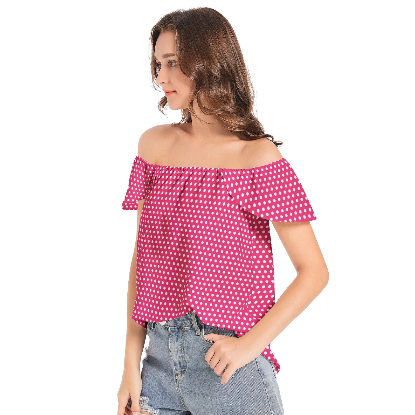 Pink Polka Dots Women's Off The Shoulder Top