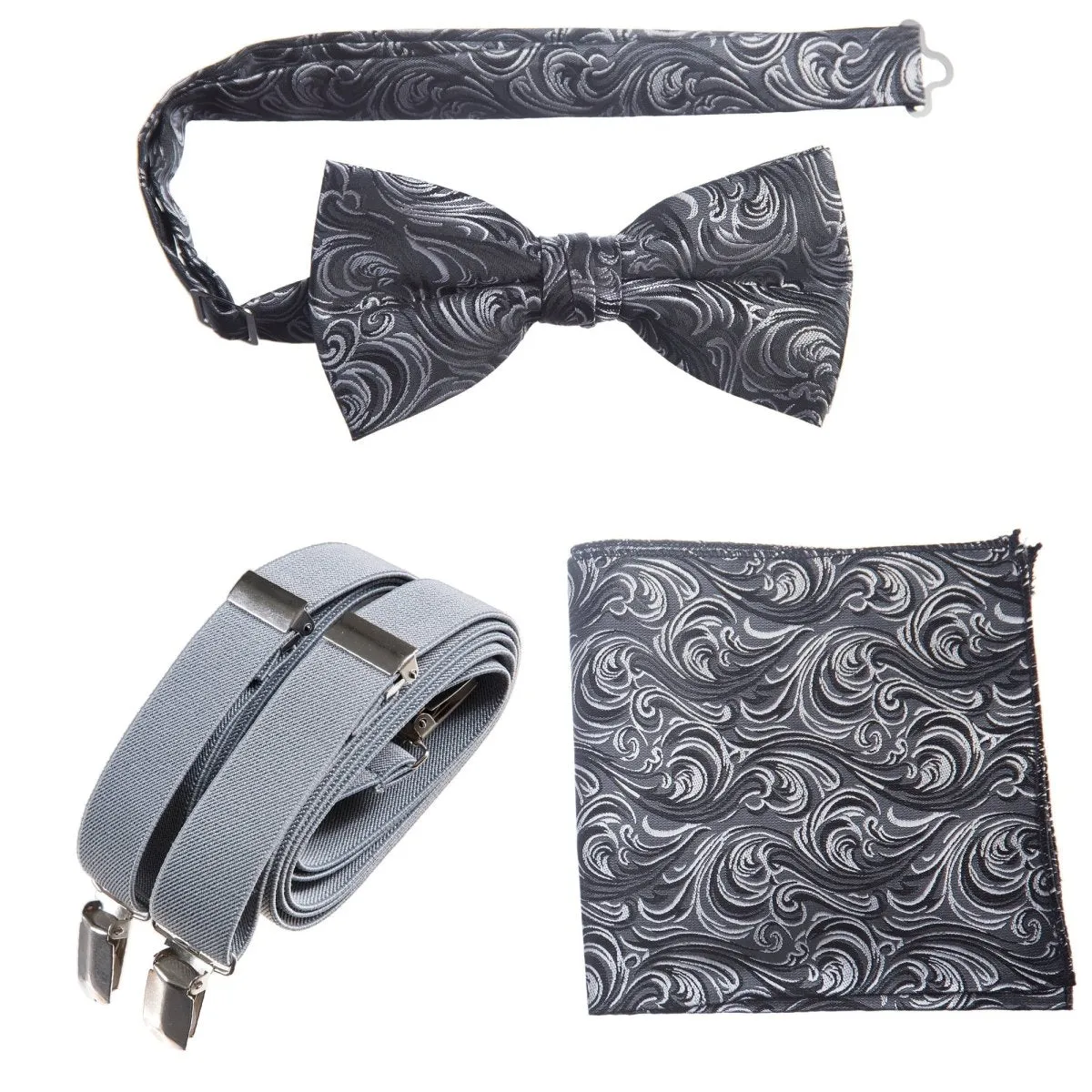 Pre-tied Bow Tie & Pocket Square Paisley Jacquard with Adjustable Stretch Suspender