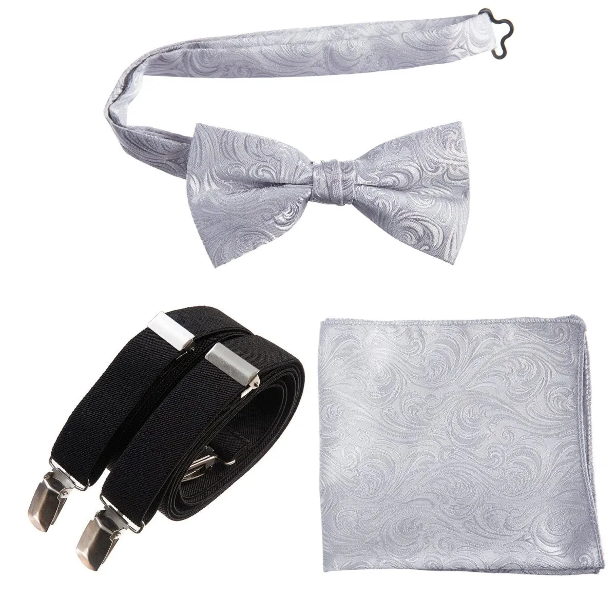 Pre-tied Bow Tie & Pocket Square Paisley Jacquard with Adjustable Stretch Suspender