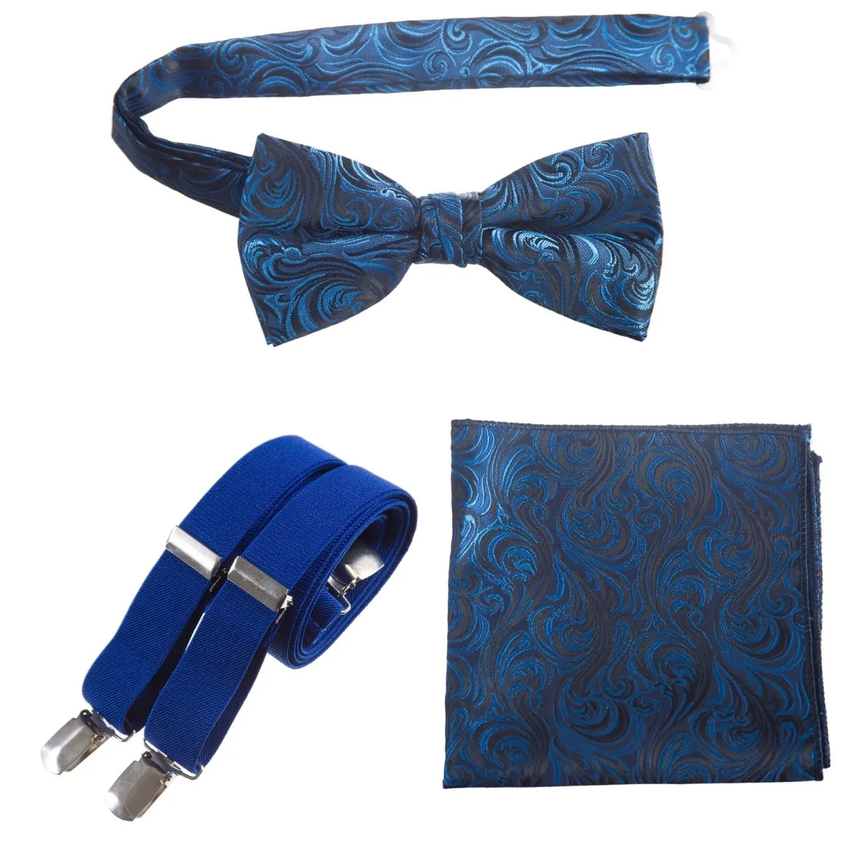 Pre-tied Bow Tie & Pocket Square Paisley Jacquard with Adjustable Stretch Suspender