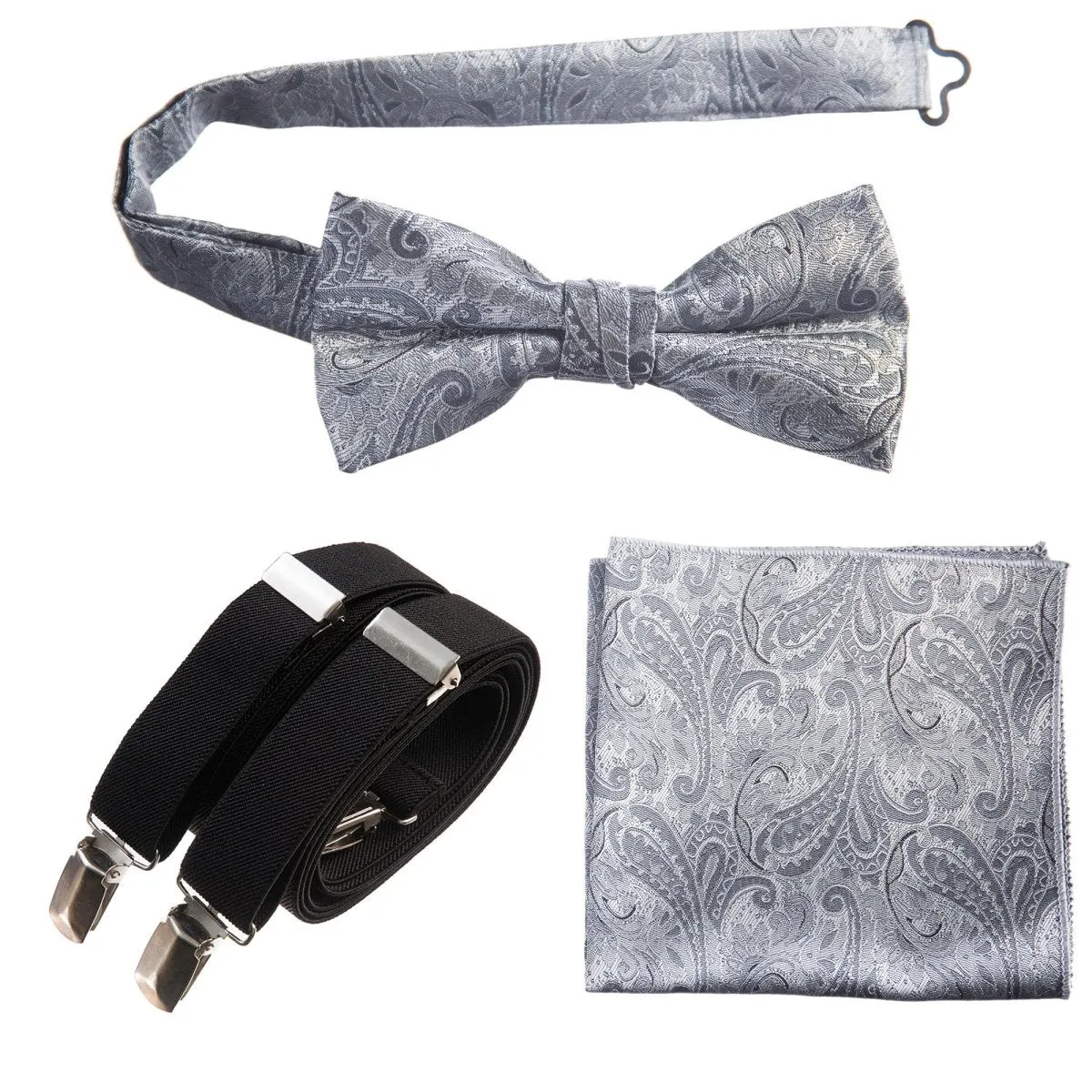 Pre-tied Bow Tie & Pocket Square Paisley Jacquard with Adjustable Stretch Suspender