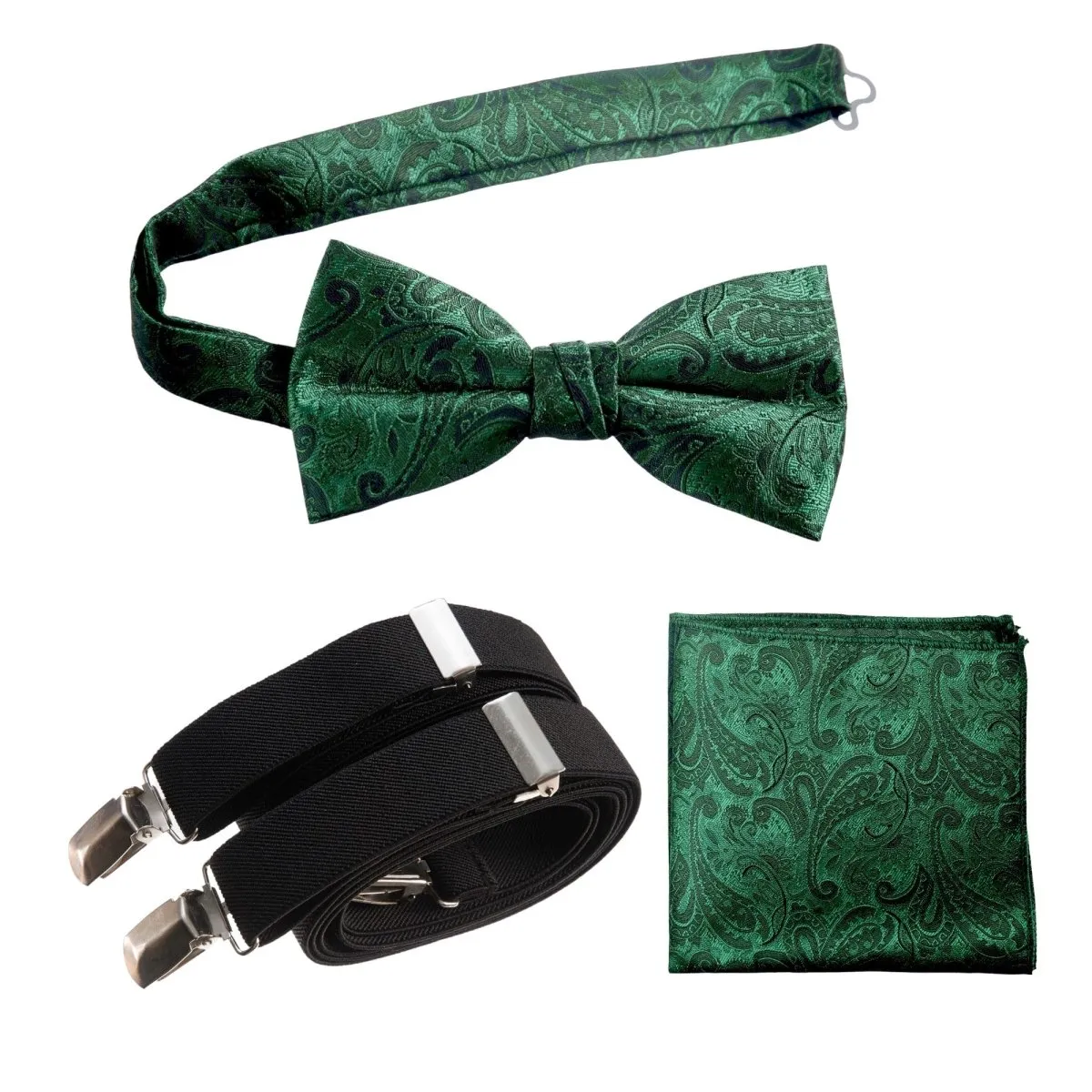 Pre-tied Bow Tie & Pocket Square Paisley Jacquard with Adjustable Stretch Suspender