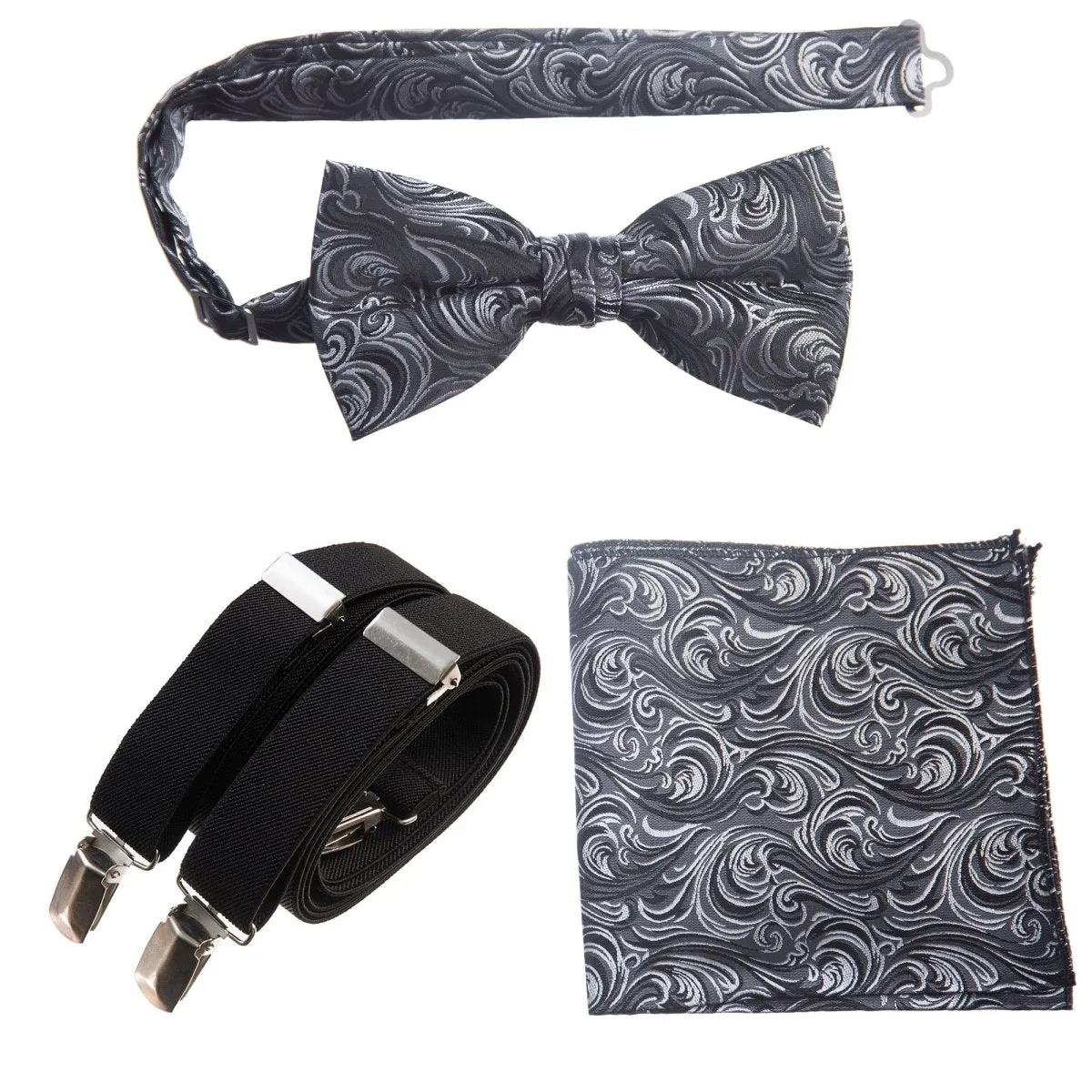 Pre-tied Bow Tie & Pocket Square Paisley Jacquard with Adjustable Stretch Suspender