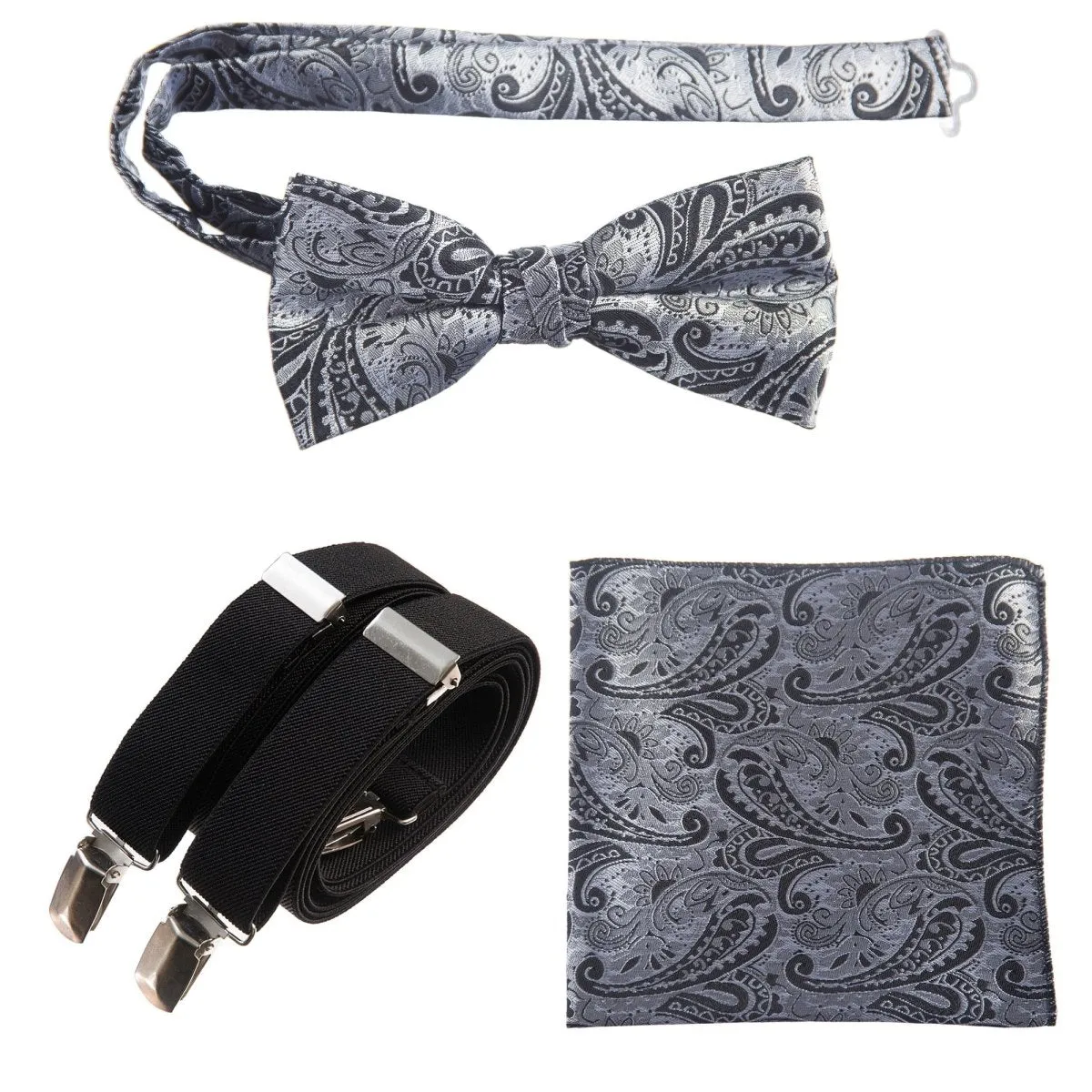 Pre-tied Bow Tie & Pocket Square Paisley Jacquard with Adjustable Stretch Suspender