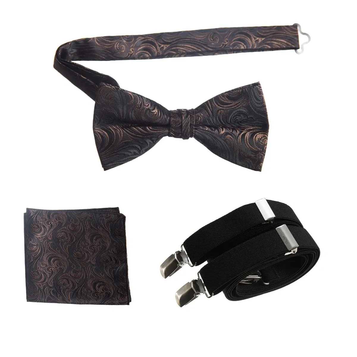 Pre-tied Bow Tie & Pocket Square Paisley Jacquard with Adjustable Stretch Suspender