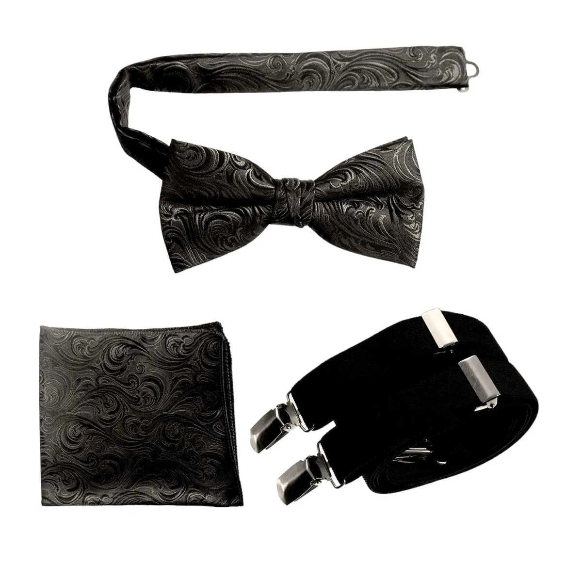 Pre-tied Bow Tie & Pocket Square Paisley Jacquard with Adjustable Stretch Suspender